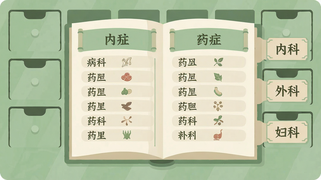 一幅扁平化风格插图,画面中央是一本打开的药方集,左右两页分别列出不同病症对应的药方名称,旁边有抽屉式分类标签写着“内科”“外科”“妇科”,整体采用柔和的绿色与米色调,布局工整,细节清晰,画质干净,适合作为软件界面展示