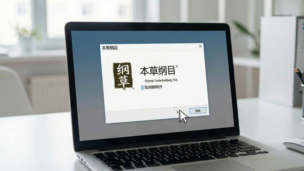 画面展示一台笔记本电脑屏幕,屏幕上显示“本草纲目”软件安装向导界面,旁边有鼠标指针指向“取消捆绑软件”的复选框,背景是整洁的办公桌面,风格写实清晰,布局直观,画质干净,无杂乱元素