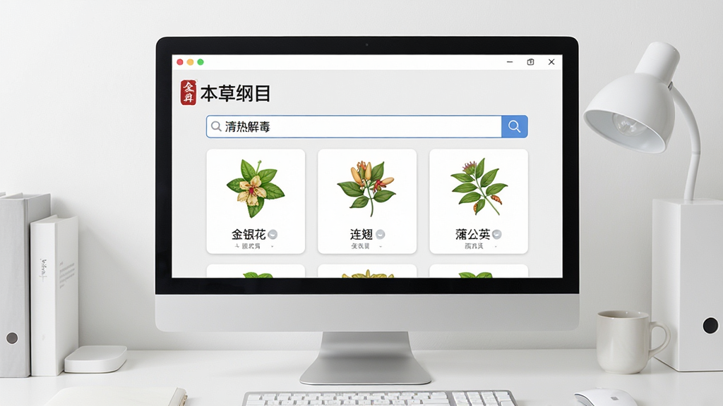 画面描绘一个电脑屏幕,屏幕上显示“本草纲目”软件界面,搜索框内写着“清热解毒”,下方列出金银花、连翘、蒲公英等药材卡片,每张卡片配有小型草药图标,背景是整洁的书桌,风格简约现代,布局清晰,画质干净,无多余装饰