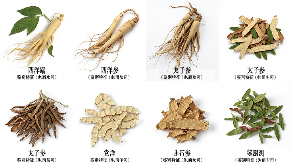 画面展示六宫格布局,每个格子内是一味中药材的高清照片,包括人参、西洋参、党参、太子参等,每张照片下方标注药材名称与鉴别特征,整体风格写实清晰,排版整齐,画质细腻,背景为纯白色,干净无干扰元素