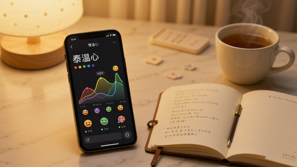 一部手机屏幕显示“泰温心”的情绪日记界面,上面有彩色情绪曲线和心情表情图标,手机旁边放着一本翻开的纸质笔记本和一杯热茶,背景是柔和的暖黄色灯光,桌面整洁,风格温馨简约,画质细腻,干净无多余元素