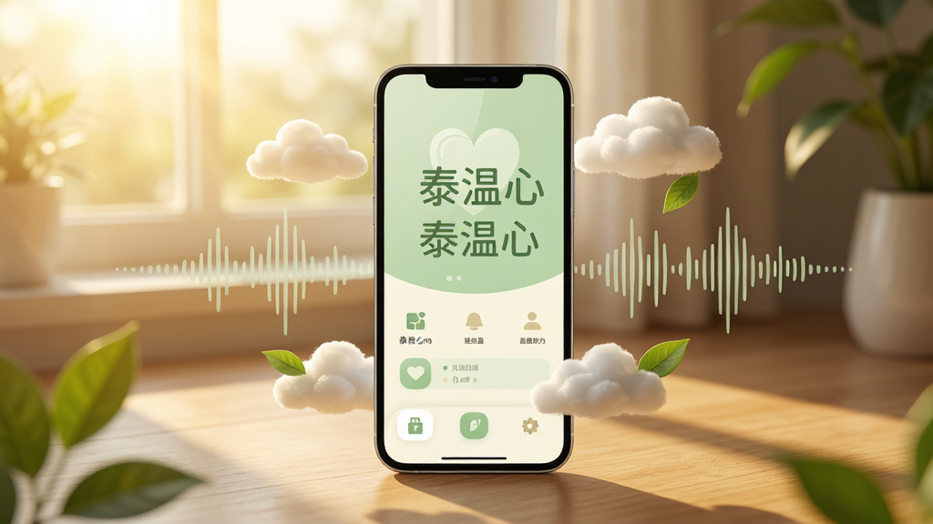 画面中央放置一部智能手机,屏幕显示“泰温心”应用主界面,界面以柔和的浅绿色和米白色为主色调,周围环绕着轻盈的云朵、绿叶和舒缓的声波纹理,背景是温暖的晨光透过窗户洒在木质桌面上,整体风格清新治愈,细节丰富,画质清晰,干净无多余元素