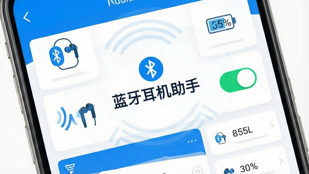一张手机屏幕展示蓝牙耳机助手应用主界面,画面中央是软件名称“蓝牙耳机助手”文字标识,周围环绕蓝牙耳机图标、电量百分比、连接状态开关等元素,布局简洁清晰,采用扁平化科技风格,蓝色与白色为主色调,细节包括信号波纹、设备列表卡片,整体画质干净明亮,无多余元素