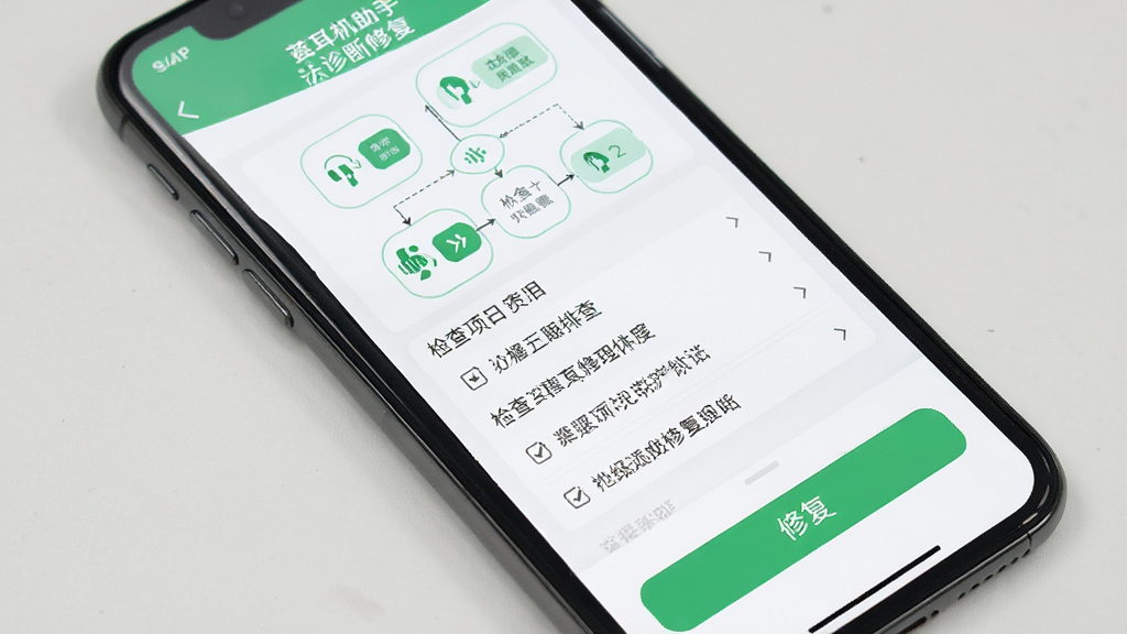 手机屏幕显示蓝牙耳机助手的诊断修复页面,画面中有故障排查流程图、检查项列表和修复按钮,配色以白色和绿色为主,风格清新专业,布局清晰易读,画质干净无干扰