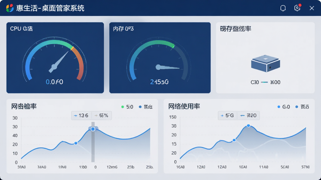 ������-����ܼ�ϵͳ���������ͼ��������ʾCPU���ڴ桢���̡�����ʹ���ʵ��Ǳ��̺�����ͼ����������������Ƽ������У���ɫ��������ǳ��Ϊ�������ֹ��������ʸɾ����޶���Ԫ��
