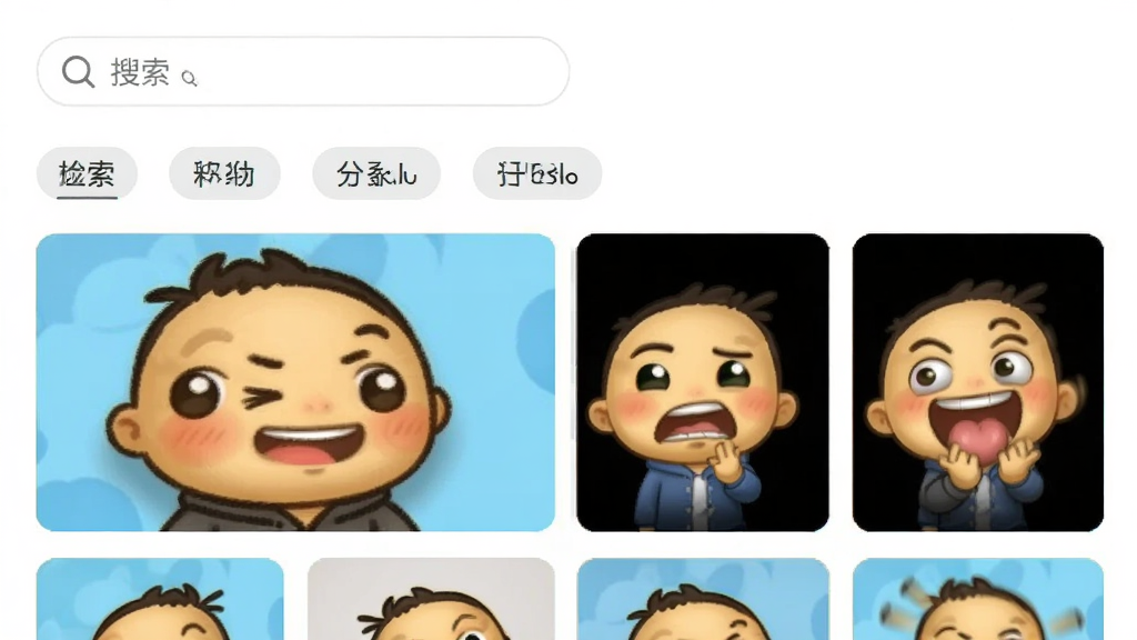 比丢表情包分类检索界面,展示搜索框与分类标签,包含比丢Q版图片和动态表情缩略图,布局清晰,风格简约,画质清晰,干净无多余元素