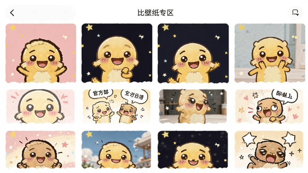 比丢表情包壁纸专区界面,展示多张比丢可爱壁纸和官方小漫画缩略图,排版美观,风格温馨可爱,画质清晰,干净无多余元素