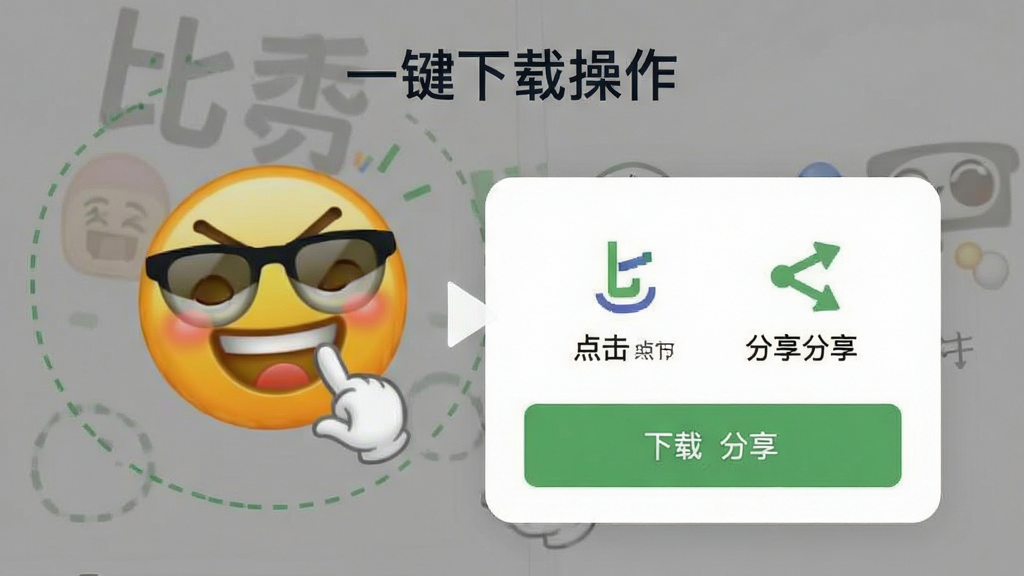 比丢表情包一键下载操作示意图,展示点击表情后弹出下载与分享按钮,界面简洁直观,包含比丢卡通形象,风格清新,画质清晰,干净无多余元素