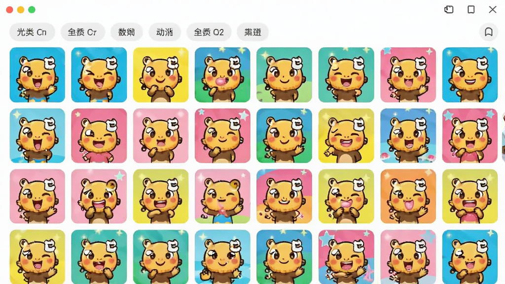 比丢表情包软件主界面全貌,展示动态表情包缩略图网格布局,包含多张比丢可爱卡通形象,界面清爽,分类标签清晰,风格活泼明快,画质清晰,干净无多余元素
