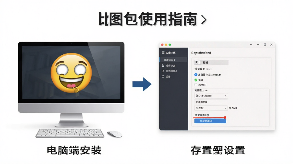 比丢表情包使用指南示意图,展示电脑端安装步骤与设置界面,包含存储路径修改选项,界面简洁,风格商务,画质清晰,干净无多余元素