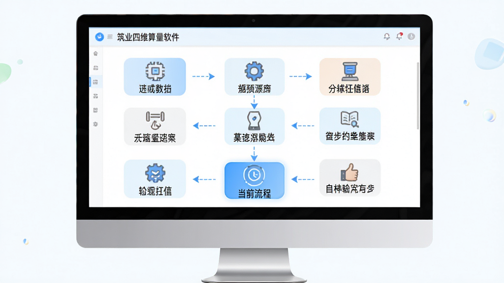 筑业四维算量软件新手操作流程示意图,主体为电脑屏幕上的分步操作指引界面,布局为从上到下五步流程图排版,风格为清新教学风格,细节包括每步配有小图标和简短文字说明、当前步骤高亮显示,画质高清,干净无多余元素