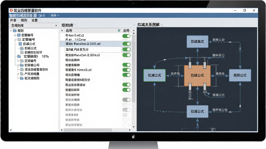 筑业四维算量软件智能扣减规则设置界面,主体为电脑屏幕上的规则库列表与扣减示意图,布局为左侧规则树、右侧扣减关系图解排版,风格为专业工具软件风格,细节包括定额编号、扣减公式标注、规则启用开关,画质高清,干净无多余元素