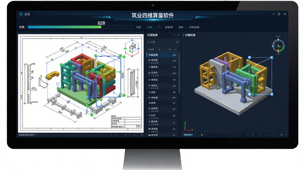 筑业四维算量软件CAD图纸智能识别功能展示,主体为电脑屏幕上的CAD图纸正在被自动识别为彩色三维构件,布局为左侧原图纸、右侧识别后模型对比排版,风格为科技感操作界面,细节包括识别进度条、构件高亮框选、识别结果列表,画质高清,干净无多余元素