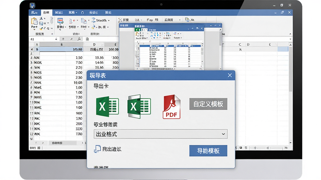 筑业四维算量软件数据导出与报表输出界面,主体为电脑屏幕上的工程量清单表格与导出设置弹窗,布局为上方报表预览、下方导出格式选项排版,风格为办公软件风格,细节包括Excel图标、PDF图标、自定义模板按钮,画质高清,干净无多余元素
