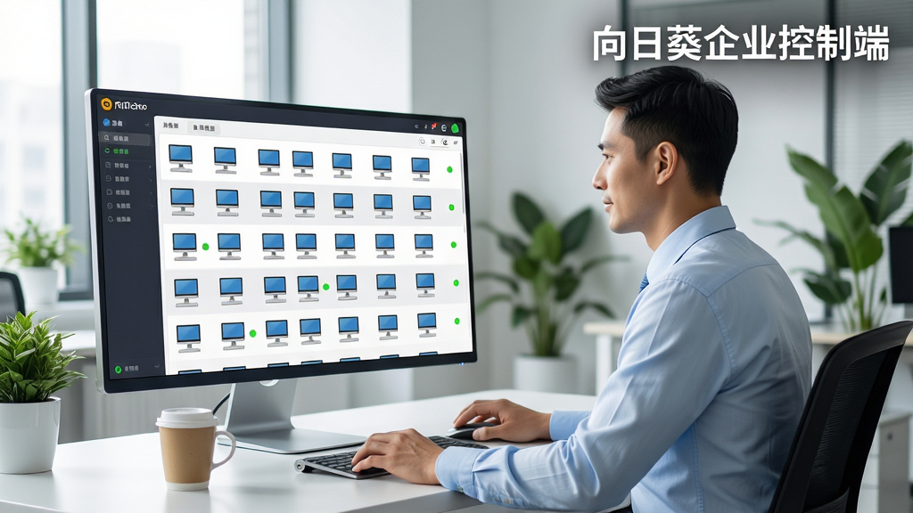 一张表现向日葵企业控制端批量管理功能的AI图片,画面中心是一位穿着浅蓝色衬衫的IT管理员坐在办公桌前,面前的大屏显示器上显示着向日葵企业控制端的设备列表界面,列表中整齐排列着数十台电脑图标,每台设备右侧有绿色的在线状态圆点。管理员右手轻点鼠标,左手边放着一杯咖啡。背景是明亮的现代办公室,有绿植点缀。整体风格写实、干净、商务,画质细腻,图片右上角带有白色文字“向日葵企业控制端”。