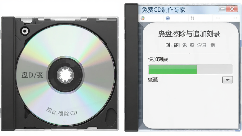 一张展示免费CD制作专家光盘擦除与追加刻录功能的图片,画面中显示可擦写光盘和擦除进度界面,风格简洁实用,排版规整,画质干净,无多余元素