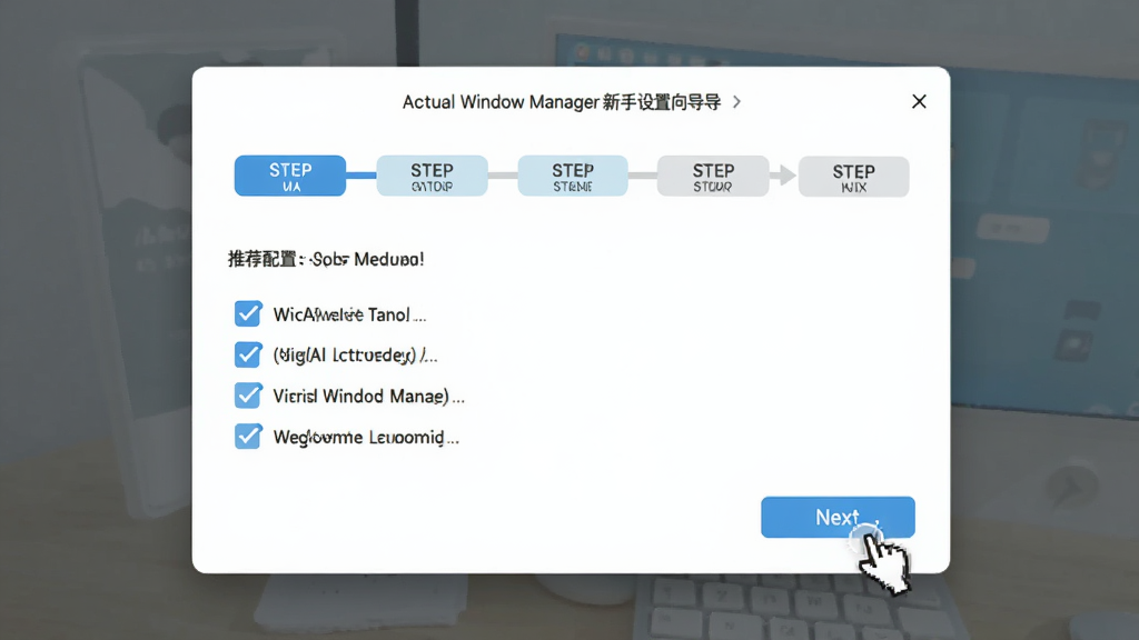 Actual Window Manager 新手设置向导界面概念图,主体为向导对话框,布局为分步引导步骤条,排版展示推荐配置勾选项,风格为清新浅色系,细节包含鼠标点击下一步的指示,画质清晰,干净,无多余元素