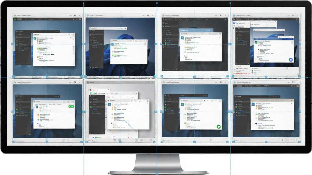 Actual Window Manager 多窗口分屏布局示意图,主体为超宽显示器上多个窗口按网格排列,布局为四宫格与六宫格混合,排版展示窗口吸附对齐的辅助线,风格为简洁商务风,细节包含不同程序窗口整齐排列互不遮挡,画质清晰,干净,无多余元素