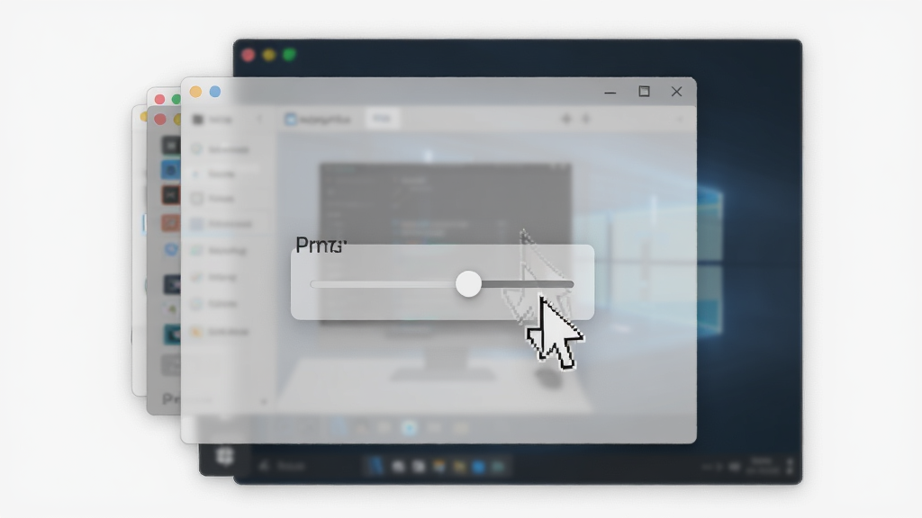 Actual Window Manager 幽灵模式效果展示图,主体为半透明窗口叠加在另一个窗口之上,布局为前后层叠关系,排版突出鼠标穿透点击的效果,风格为现代极简风,细节展示透明度滑块与鼠标指针穿透动作,画质清晰,干净,无多余元素