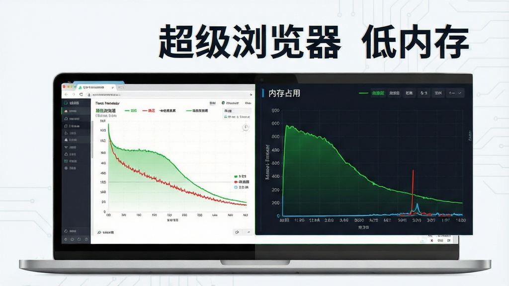 一张展示超级浏览器低内存占用的概念图,主体为一台运行中的笔记本电脑,屏幕上显示资源监视器图表,布局采用左右分栏,左侧为浏览器界面右侧为内存占用曲线对比,排版清晰直观,风格为数据可视化科技风,细节包括绿色曲线代表超级浏览器低于红色曲线代表其他浏览器,画面中出现文字“超级浏览器”和“低内存”,画质高清,干净无多余元素