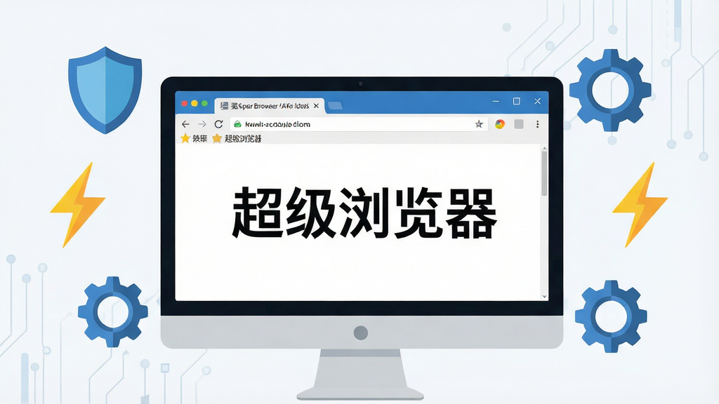 一张展示超级浏览器软件界面的全景图,主体为电脑屏幕中打开的多标签浏览器窗口,布局采用居中构图,屏幕周围环绕着盾牌、闪电、齿轮等图标象征安全与速度,排版简洁大气,风格为现代扁平化科技风,细节包括地址栏、书签栏、扩展图标清晰可见,画面中出现文字“超级浏览器”字样,画质4K超清,干净无多余元素