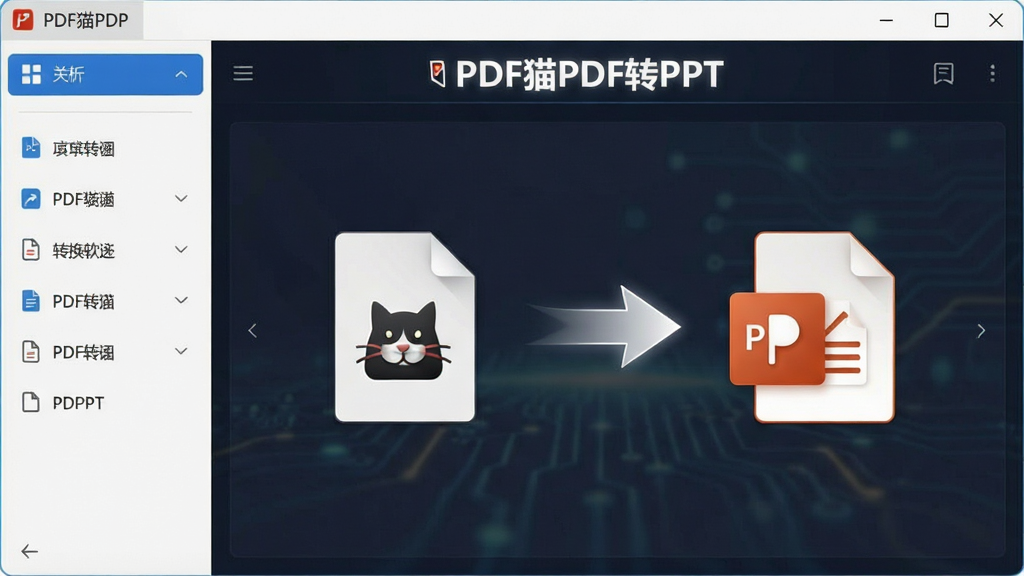 一张展示PDF猫PDF转PPT软件界面的图片,主体为软件主窗口,布局清晰,左侧为功能导航栏,右侧为文件转换操作区,排版简洁,风格为现代商务科技风,细节包括PDF文件图标与PPT文件图标之间的转换箭头动画效果,界面中显示“PDF猫PDF转PPT”文字标识,画质高清,干净整洁,无多余元素