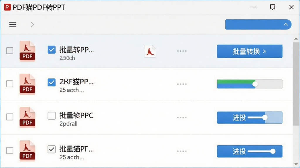 一张展示PDF猫PDF转PPT批量处理功能的图片,主体为软件文件列表区域,布局为纵向列表排列,排版清晰有序,风格为简约办公风,细节包括多个PDF文件图标、勾选框、批量转换按钮、进度显示条,界面中带有“PDF猫PDF转PPT”标识,画质清晰,干净整洁,无多余元素