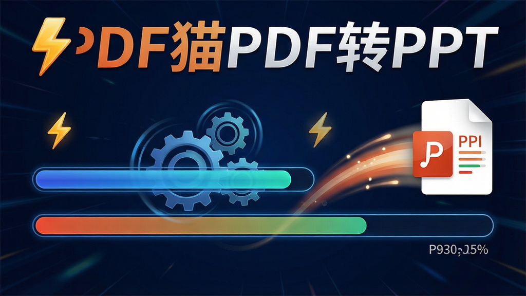 一张展示PDF猫PDF转PPT极速转换功能的图片,主体为软件转换进度条与速度标识,布局采用横向进度展示,排版突出速度感,风格为动感科技风,细节包括闪电图标、高速旋转的齿轮元素、文件从PDF格式飞向PPT格式的动态轨迹,画面中带有“PDF猫PDF转PPT”软件名称,画质清晰,干净利落,无多余元素