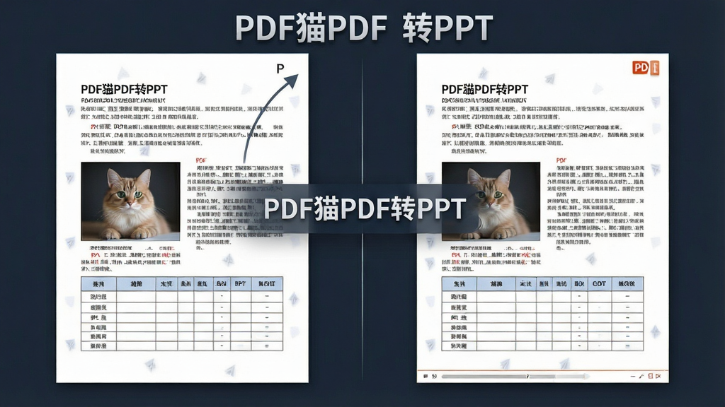 一张展示PDF猫PDF转PPT精准还原版式功能的图片,主体为左右对比布局,左侧为原始PDF文档页面,右侧为转换后的PPT页面,排版整齐对称,风格为简洁办公风,细节包括文字段落、图片位置、表格线条完全对应的视觉呈现,画面中标注“PDF猫PDF转PPT”文字,画质高清,干净无杂乱元素