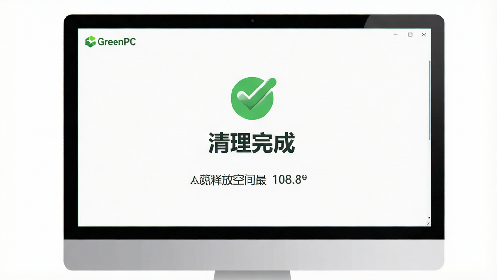 主体为一台电脑屏幕显示GreenPC清理完成界面,布局为居中展示,排版上方有绿色对勾与“清理完成”字样,下方显示释放空间数值,风格为简洁扁平UI风格,细节包括“GreenPC”Logo位于左上角,画质高清、干净、无多余元素