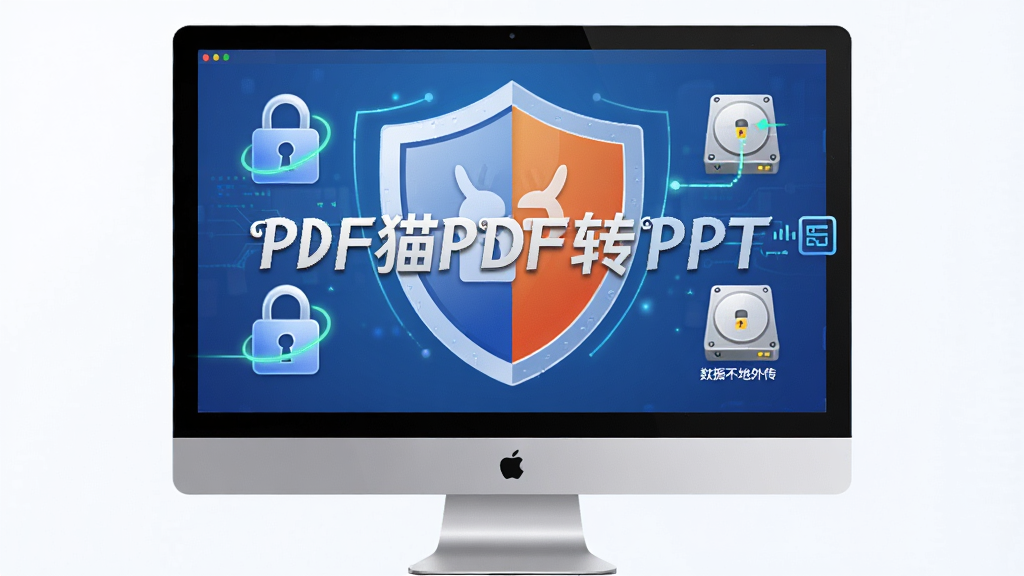 一张展示PDF猫PDF转PPT安全本地处理功能的图片,主体为电脑屏幕与盾牌图标,布局为居中构图,排版突出安全感,风格为安全科技风,细节包括锁形图标、本地硬盘标识、数据不外传的视觉暗示,画面中带有“PDF猫PDF转PPT”文字,画质高清,干净简洁,无多余元素