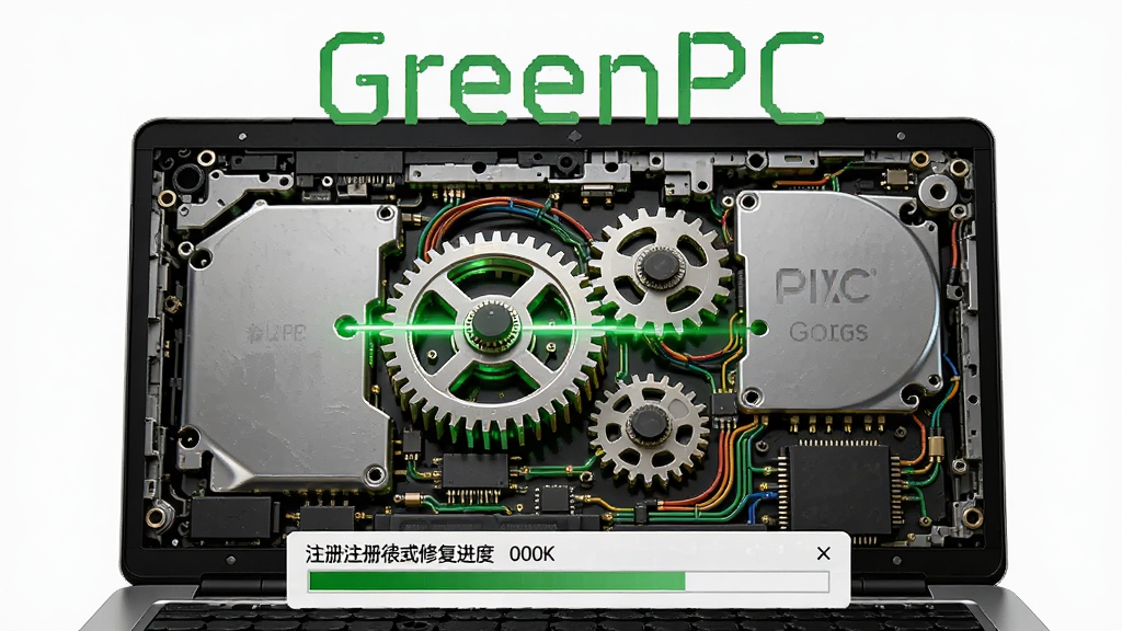 主体为一台打开的笔记本电脑内部露出齿轮与线路,布局为居中特写,排版上方悬浮“GreenPC”文字,下方显示注册表修复进度,风格为写实科技插画,细节包括绿色修复光线穿过齿轮,画质高清、干净、无多余元素