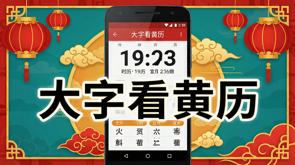 一张展示大字看黄历软件主界面的数字插画,画面中央是一部安卓手机,手机屏幕上显示着超大号字体的日历页面,包含公历日期、农历日期和宜忌信息,周围环绕着中国传统文化元素如红色灯笼、祥云纹样和金色边框,整体布局简洁清晰,风格为扁平化UI设计,细节精致,画质高清,干净无多余元素,画面中文字标注