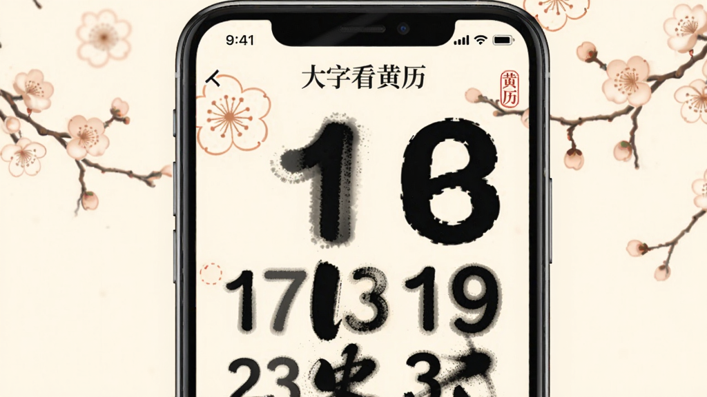 一部智能手机竖向放置,屏幕中展示大字看黄历的超大字体日历界面,日期数字极为醒目,背景为柔和的米白色,周围点缀淡雅的梅花图案,风格为写实UI展示,细节清晰,画质高清,画面干净整洁,屏幕上可见