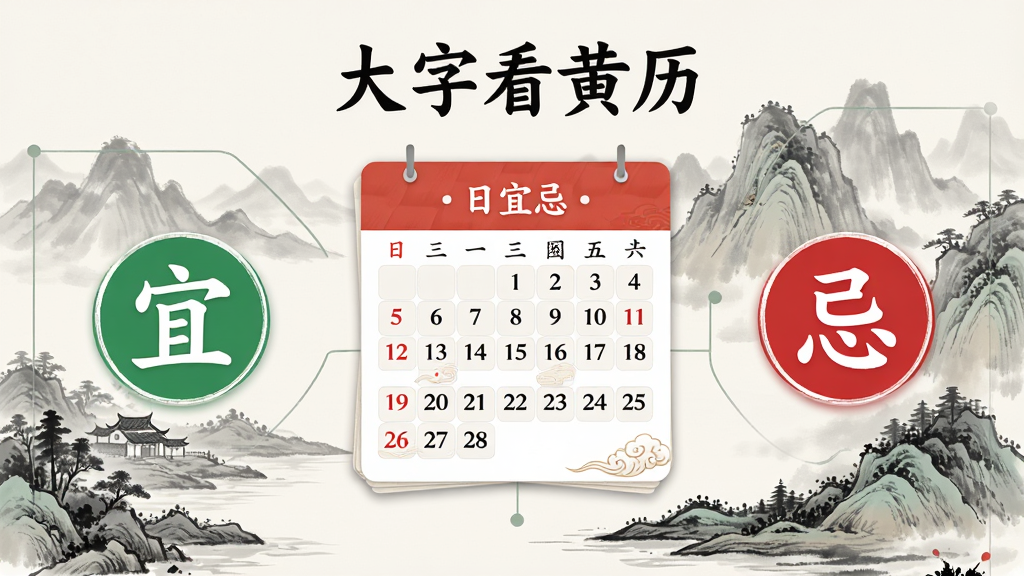 一幅信息图表风格的插画,展示大字看黄历的每日宜忌功能界面,左侧为绿色圆形图标标注
