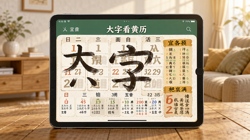 一张展示大字看黄历在平板设备上横屏使用的场景插画,画面中平板电脑放置在木质桌面上,屏幕显示超大字体日历与宜忌信息,背景为温馨的家居环境,风格为写实产品展示,细节清晰,画质高清,画面干净无多余元素,屏幕中可见