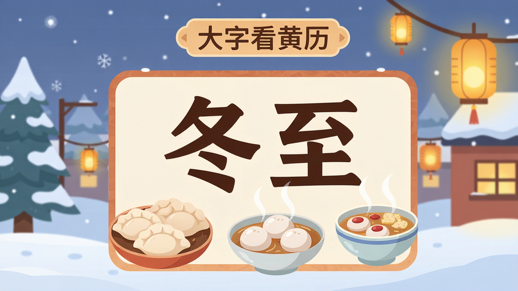 一张扁平化风格的节气主题插画,画面中央是大字看黄历的节气提醒界面,显示