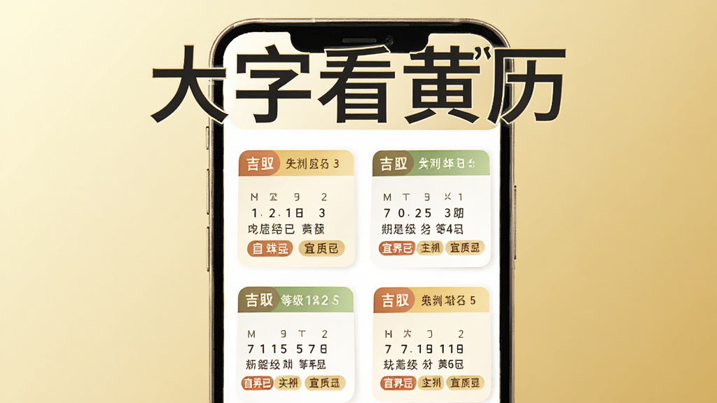 一幅简约商务风格的插画,展示大字看黄历的吉日查询界面,手机屏幕中显示多个日期卡片,每个卡片标注吉凶等级与宜忌标签,背景为淡金色渐变,布局整洁有序,风格现代大方,细节清晰,画质高清,画面中包含
