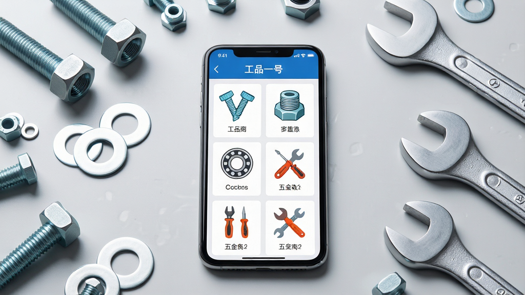 一张展示工品一号软件核心全貌的场景图,画面中央是一部智能手机,手机屏幕上显示着工品一号APP的商品分类界面,界面中包含螺丝、螺母、轴承、五金工具等图标,手机周围散落着各种工业紧固件实物,如六角螺栓、垫圈、扳手等,背景为干净的浅灰色工业风格桌面,布局采用中心构图,手机位于画面正中,实物配件环绕四周,风格为写实产品摄影与UI展示结合,细节上手机屏幕清晰显示“工品一号”文字标识,商品图标色彩鲜明,画质高清,干净整洁,无多余元素