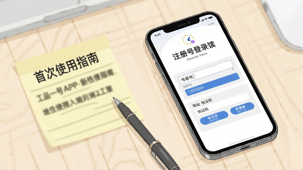 一张展示工品一号APP新手操作引导页面的场景图,画面中手机屏幕显示注册登录界面与地址填写表单,手机斜放在浅色桌面上,旁边有一张写有“首次使用指南”的便签纸和一支笔,布局为手机居中偏右,左侧留白放置便签,风格为清新简约的教程插图风格,细节上屏幕内容清晰展示手机号输入框与验证码按钮,便签纸上文字模糊但可辨认,画质高清,干净无多余装饰