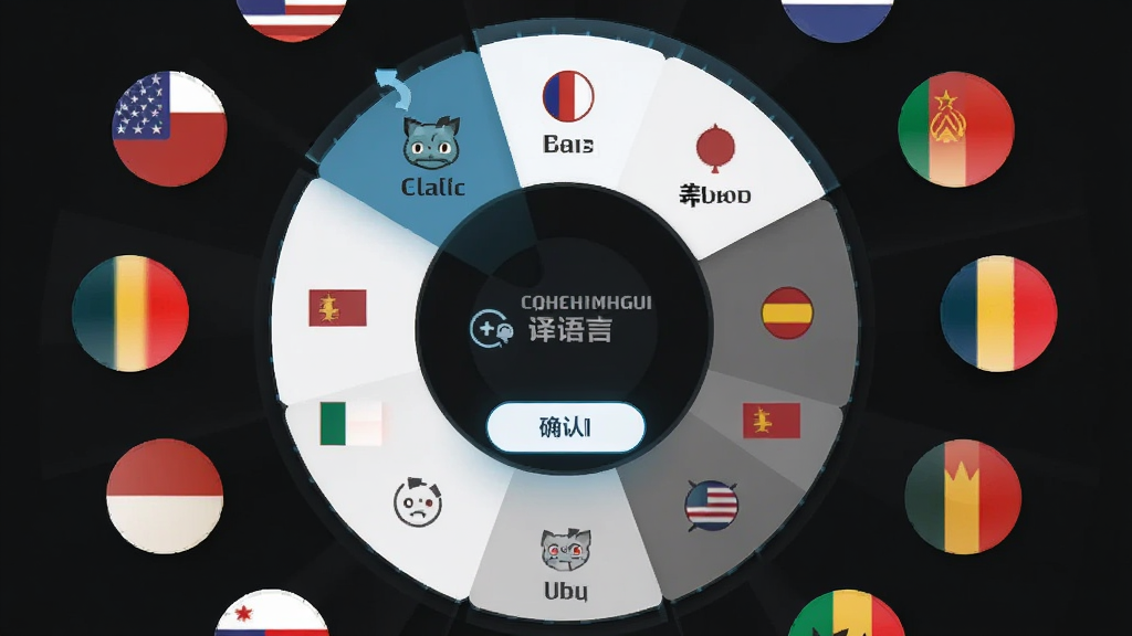 主体是译妙蛙面试官APP的多语言切换界面,布局为中心圆形语言选择轮盘,周围分布各国国旗图标,排版呈放射状,风格为现代简约扁平化设计,细节包括中英日韩法德西语言标签、选中高亮效果、确认按钮,画质高清干净无多余元素
