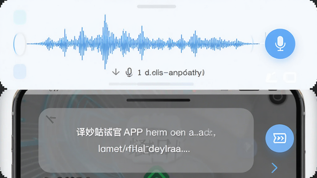 主体是译妙蛙面试官APP的功能展示页面,布局为上下分栏设计,上方展示语音翻译波形图,下方展示屏幕翻译取词框,排版清晰有序,风格为清爽浅色科技风,细节包括中英文对照文本、麦克风按钮、翻译箭头图标,画质高清干净无多余元素