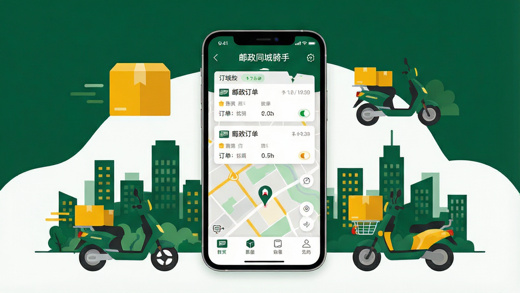 画面中央是一部智能手机,屏幕上清晰显示“邮政同城骑手”应用界面,界面中包含订单列表和地图导航元素;手机周围环绕着邮政快递包裹、电动车、城市建筑剪影等图标;整体采用扁平化插画风格,色调以中国邮政标志性的深绿色与明黄色为主,背景干净简洁;画面布局居中对称,排版清晰有序,细节精致,画质高清,无多余元素。