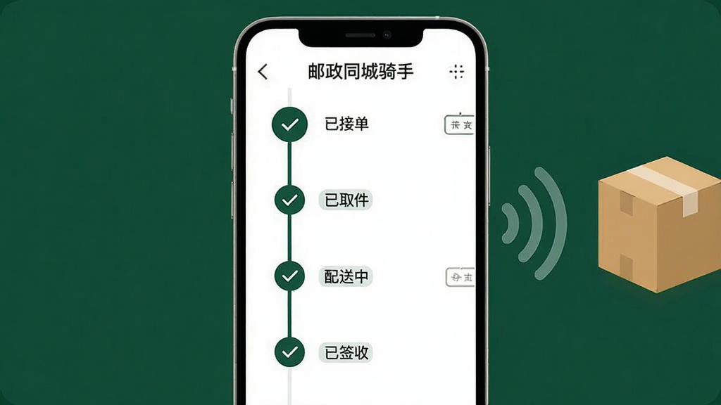 手机屏幕显示“邮政同城骑手”订单状态时间轴界面,时间轴上依次排列“已接单”“已取件”“配送中”“已签收”等节点,每个节点有对勾图标;画面右侧有快递包裹和信号波纹元素;风格为简约商务,色调以深绿和白色为主,布局纵向清晰,画质高清,无多余元素。
