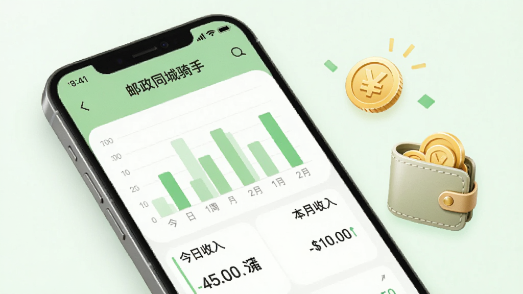 手机屏幕显示“邮政同城骑手”收益统计页面,页面上有柱状图和数字金额,标注“今日收入”“本周收入”“本月收入”等字段;手机旁有金币和钱包图标;整体风格为清新浅色,色调以浅绿和白色为主,布局整洁,画质清晰,无多余元素。