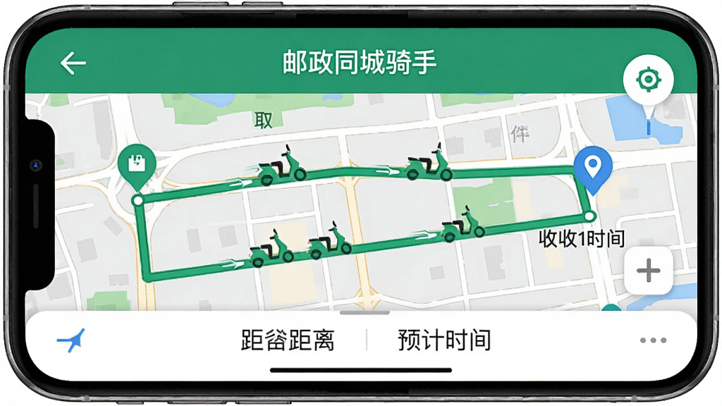 手机横屏显示“邮政同城骑手”导航界面,地图上有绿色路线连接取件点与收件点,路线旁有电动车图标沿路移动;地图下方显示距离和预计时间;整体风格为写实地图与扁平UI结合,色调以绿色和蓝色为主,布局清晰,画质干净,无多余元素。