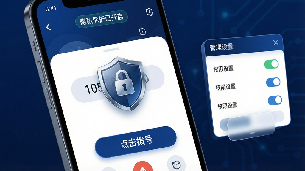 一张展示全房源系统业主电话隐私保护功能的AI生图,画面中央是一部手机屏幕特写,屏幕上显示拨号界面,号码区域被一个盾牌形状的锁图标遮挡,只显示