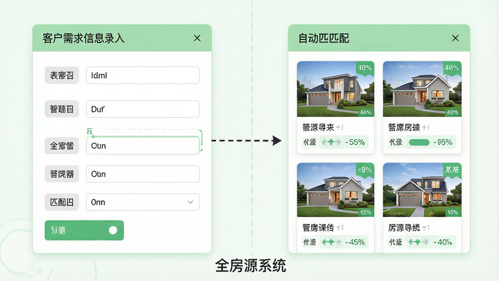 一幅展示全房源系统客户跟进与匹配功能的AI生图,画面采用分屏布局,左侧是客户需求信息录入表单,右侧是自动匹配的房源列表,中间有一条虚线箭头表示匹配关系,表单和列表均以卡片形式呈现,配色为清新的浅绿色和白色搭配,风格为简约商务插画,细节包括清晰的表单字段标签、房源卡片上的匹配度百分比标识、底部有