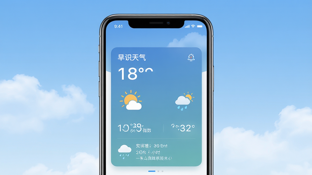 一张展示早识天气手机应用主界面的图片,画面中央是一部智能手机,屏幕上显示着早识天气的实时天气卡片,包含温度数字、天气图标、空气质量指数和未来一小时降水提示,背景是柔和的蓝色渐变天空与白云,布局简洁清晰,风格现代科技感,细节上突出界面文字和图标,画质高清,干净无多余元素