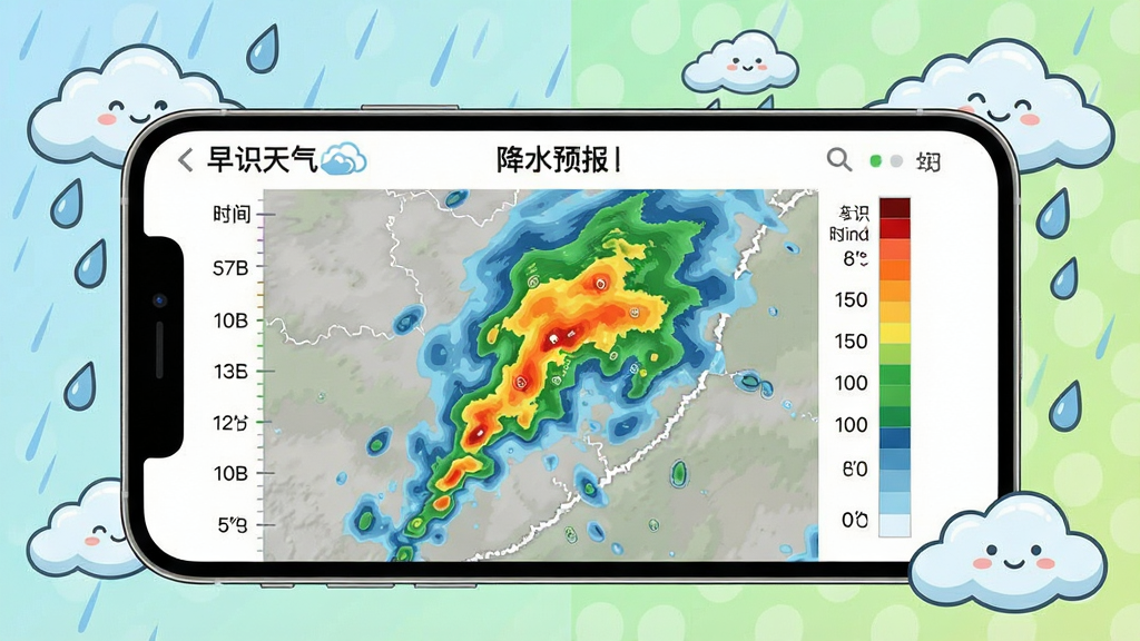 一张展示早识天气分钟级降水预报功能的图片,画面中一部手机横屏显示降水雷达图,图上标注着早识天气字样,周围环绕着雨滴和云朵的卡通元素,布局采用左右分栏,左侧为时间轴,右侧为降水强度色块,风格清新明快,细节突出雷达回波和分钟刻度,画质清晰,干净无多余元素